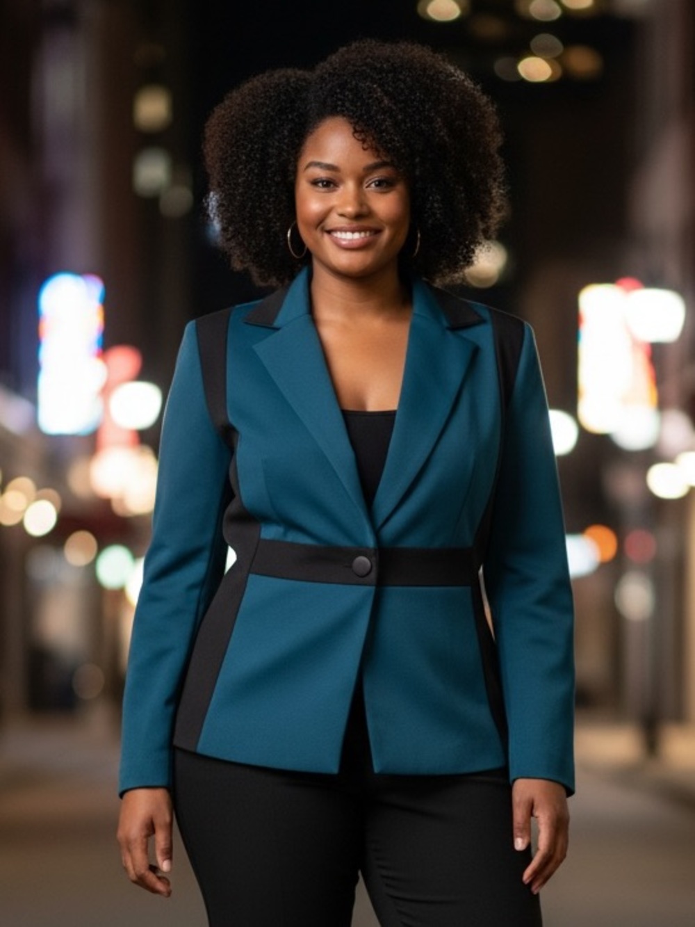 Teal and Black Colorblock Single-Button Women's Blazer